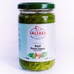 Homemade, fresh basil pesto sauce, with almonds, parmesan cheese and olive oil, to be served with all kinds of dishes and sandwiches. All natural ingredients. Sold in 250g net jars